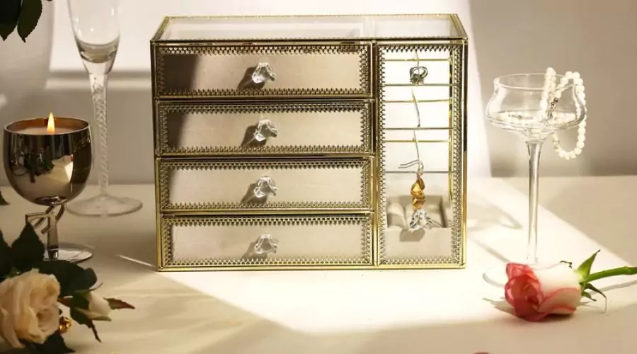 Golden Glass Jewellery Box With 5drawers, Earring Necklace Rings Organizer Holder, Vanity & Bedroom Storage, Personalized Gift for Women Girls