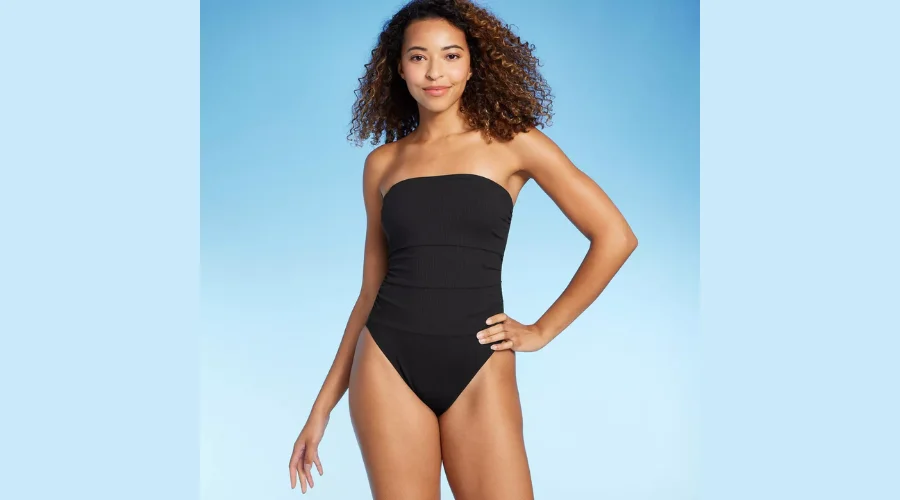Women’s Shirred Ribbed Bandeau Cheeky One Piece Swimsuit - Shade & Shore