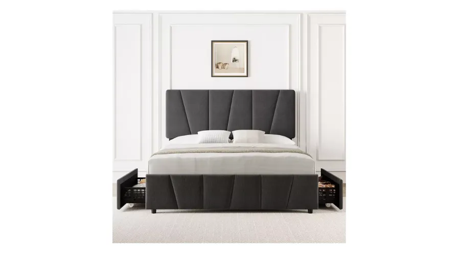 Bed Frame with Adjustable headboard and 4 Storage Drawers 