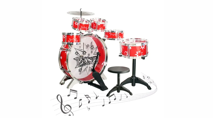 SKONYON 11 Piece Kids Drum Set Bass Tom Drums Snare Cymbal Stool Drumsticks Red