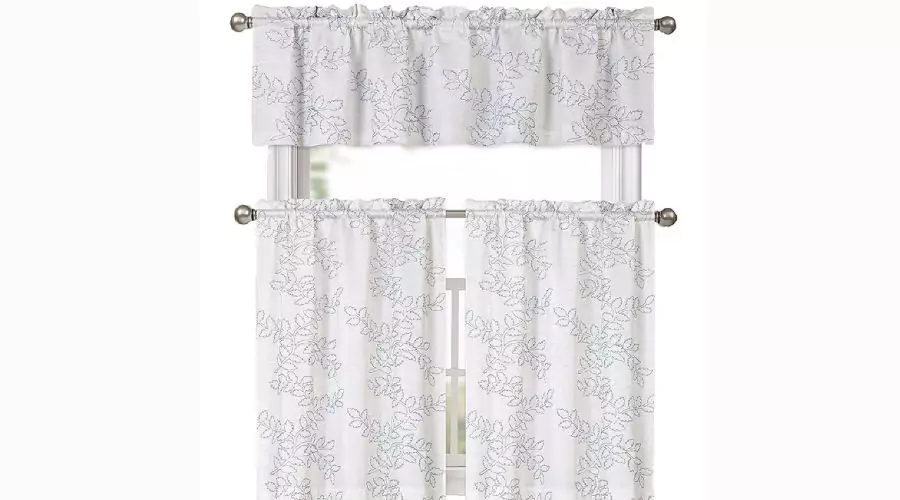 Kate Aurora Shabby Living Brielle Complete 3 Piece Embroidered Floral Cafe Kitchen Curtain Tier & Valance Set