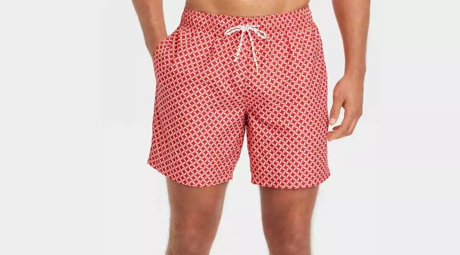 Men's 7" Geometric Print Swim Shorts - Coral Orange
