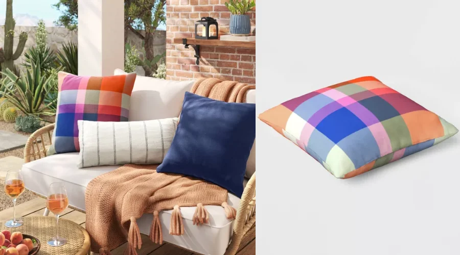 Bold Plaid Square Outdoor Throw Pillow