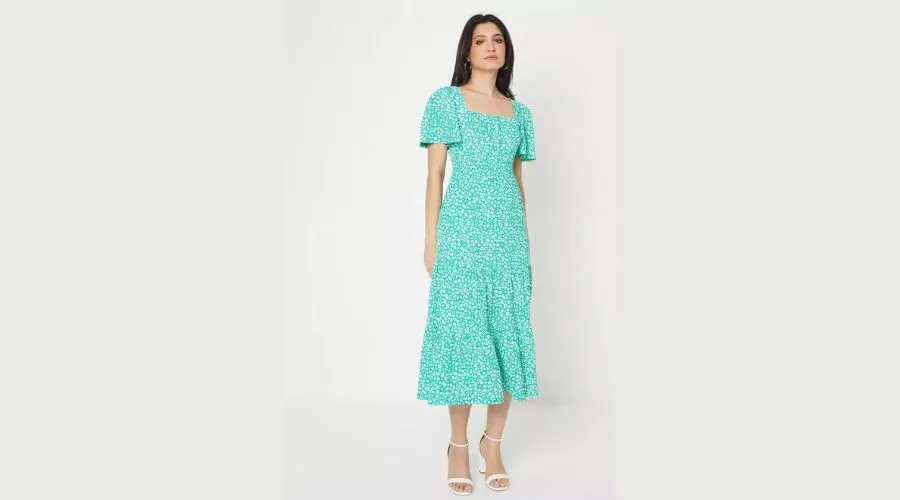 Green Ditsy Square Neck Tiered Flutter Sleeve Midi Dress 