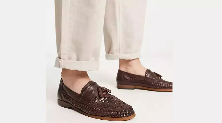 ASOS DESIGN leather loafers in tan with woven detail and natural sole