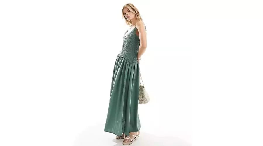 Asos Design Midi Summer Dress With Full Skirt In Khaki Crinkle