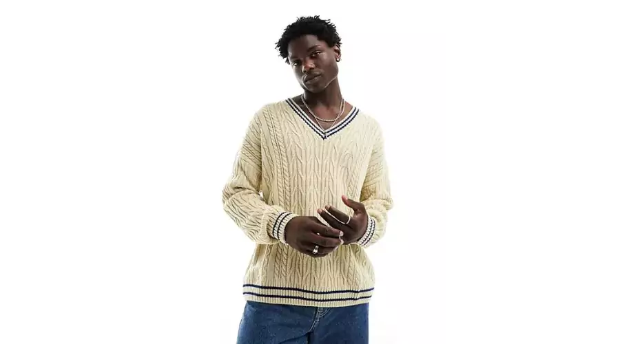 ASOS Design Oversized Knitted Cricket Jumper In Cream With Cable Knit And Navy Stripe