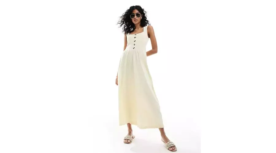 Asos Design Square Neck Midi Summer Dress In Buttermilk With Button Detail