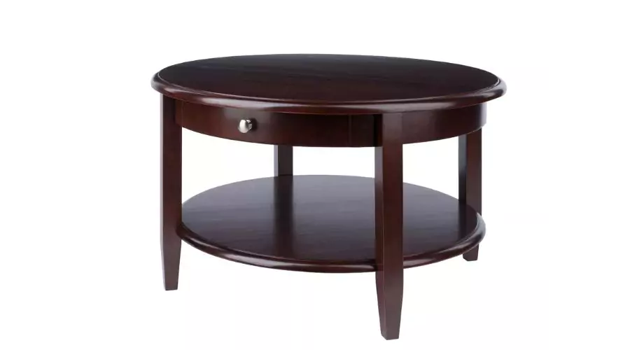 Round Concord Coffee Table with Drawer and Shelf - Antique Walnut - Winsome