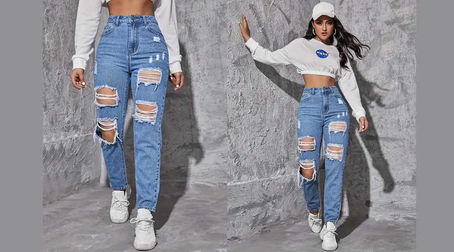 High Rise Distressed Ripped Whiskering Blue Streetwear Denim Jeans For Women