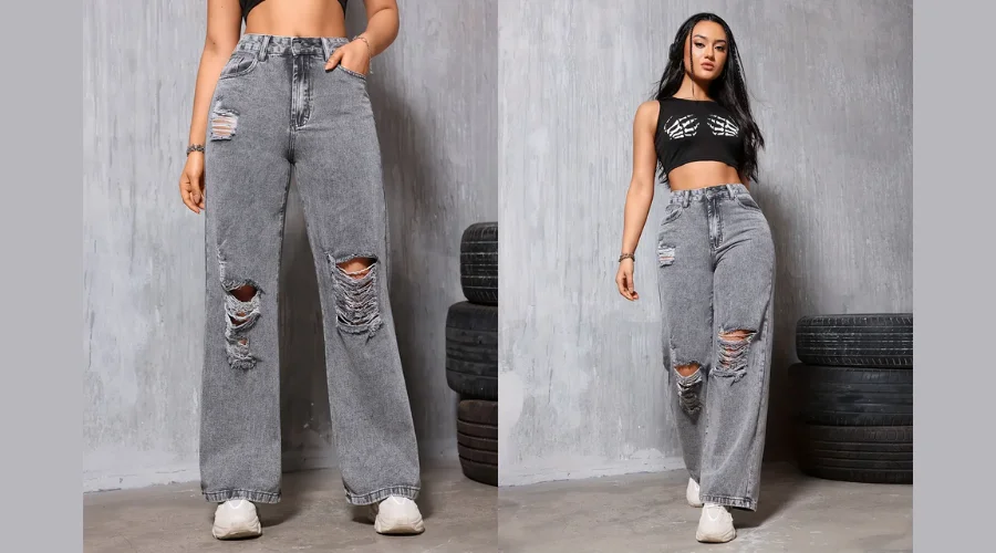 Women's Grey High-Waist Ripped Distressed Wide-Leg Denim Jeans